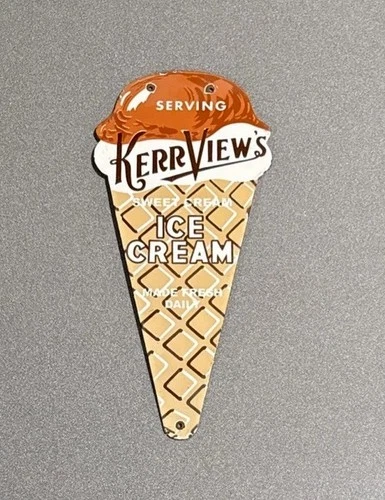 VINTAGE 12” KERRVIEW ICE CREAM CONE PORCELAIN SIGN CAR OIL GAS TRUCK MOTORCYCLE