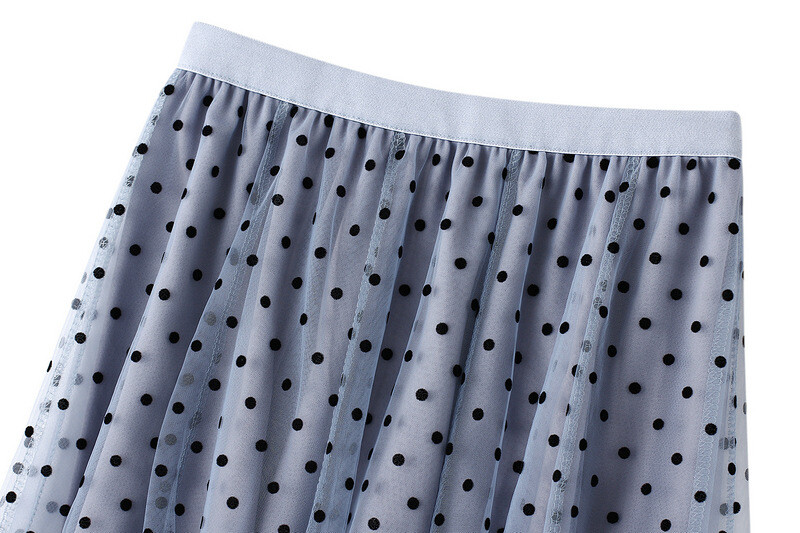 Women's Polka Dot Fairy Midi Skirt - Elastic Waist Tulle Tutu, Layered Pleated A-Line Skirt