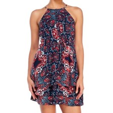 Parker Bandana Print Lace-up Halter Mini Dress, Navy Red Ruffle Hem Women's S