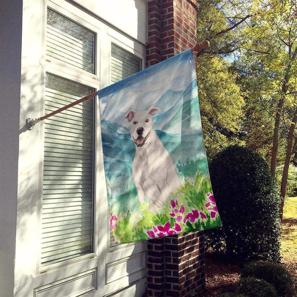 Casa de lona bandera Staffie Bull Terrier blanca flores de montaña 28x40 pulgadas Foto 2 de 2