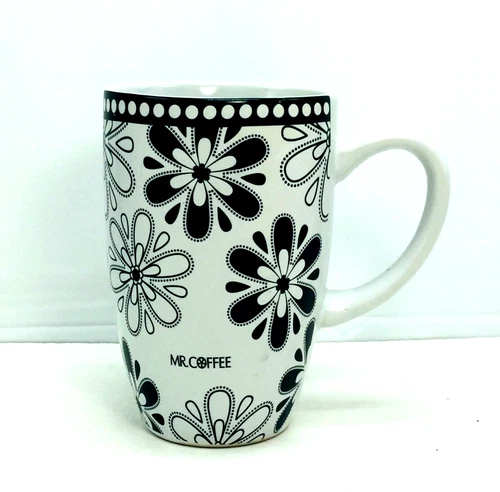Mr. Coffee Ceramic 16oz Coffee Mug Cup Floral Design Black & White 5.25" Tall