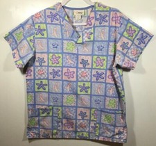 Pink Ribbon Scrub Top womens size M Medium by Life Breast Cancer Awareness Blue