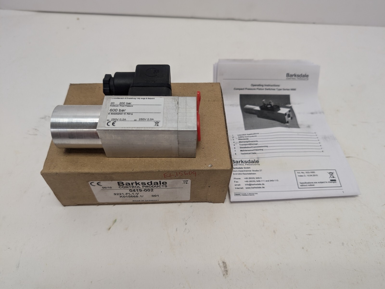 NEW BARKSDALE 0419-002 PRESSURE SWITCH 9221-PL1-V 20 ... 200 BAR Proof 600 BAR