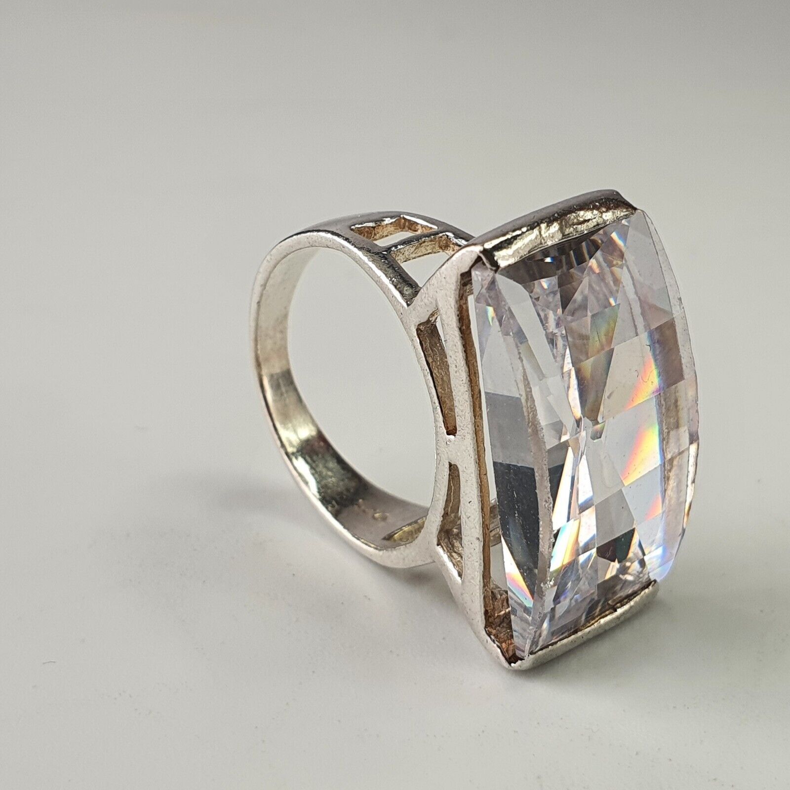 Solid Sterling Silver Large Rectangular Clear Gem… - image 7