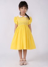Girls Puff Sleeves Smocked Dress Yellow Floral Embroidery Doll Collar Dresses
