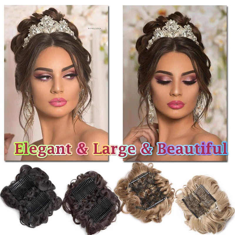 100% Real THICK Curly Chignon Messy Bun Updo Cover Clip in Hair Piece Extensions - Image 3 of 4