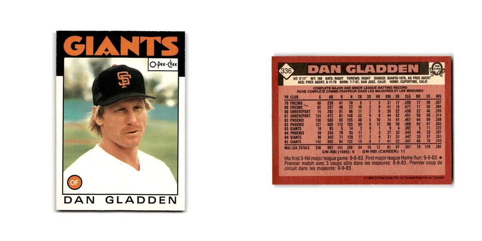 Dan Gladden 1986 O-Pee-Chee #336 San Francisco Giants Baseball Card NM - Image 3 of 3