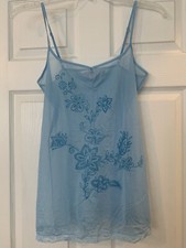 Victoria s Secret Lingerie Tank Top S Blue Sheer Mesh Lace Trim Flowers Coquette