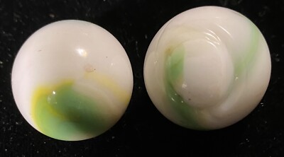 2 Vintage Marble King Shooters Milk Glass Marbles 1 Factory Flawed Green/yellow