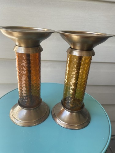 Vintage Amber Textured Glass Brass Candlestick Candle Holders 7" Retro-2