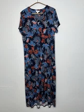 FLAW - J Jill Maxi Dress Size Large Blue Red White Floral Cap Sleeves Pull On