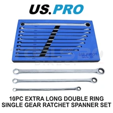 US PRO Tools 10pc Extra Long Double Ring Single Gear Ratchet Spanner Set 8-19mm