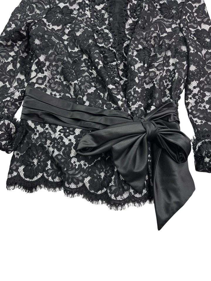 Tadashi Collection White Black Lace Beaded Sequin Blazer Satin Bow Tie Front 12 - Image 3 of 4