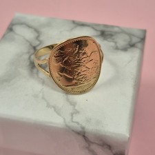Vintage Saint George Sovereign 9ct Yellow Gold Bent Over Coin Signet Ring Uk V