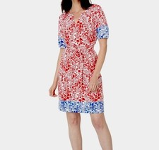 Tommy Hilfiger Cotton Puff Sleeves Blue Red Floral Midi Dress Sz L Boho Vacation