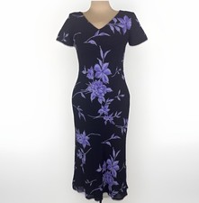 Vtg Y2K Jones Wear Black Purple Floral Midi Dress Rayon Bias Cut Slip Style Med