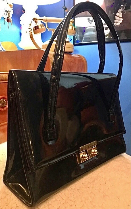 Bolso de mano vintage de charol negro de los años 50 con caja 2 correas dorado Foto 2 de 4