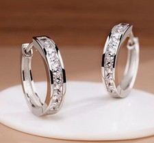 925 Sterling Silver Plated Square Cz Huggie Hoop Earrings 16mm Women Men PE28