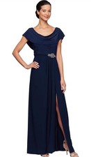 Alex Evenings Sz 8 Cowl Neck Gown Long Navy Blue Dress Beaded Waist Maxi 199