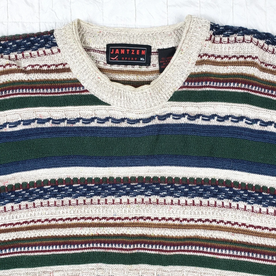 VTG 90s Jantzen Lightweight Cotton Green Blue Beige Striped Grandpa Sweater XL - Image 4 of 4