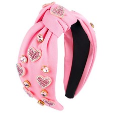 Heart Headbands Heart Knotted Headband for Women Pink Rhinestone Jeweled