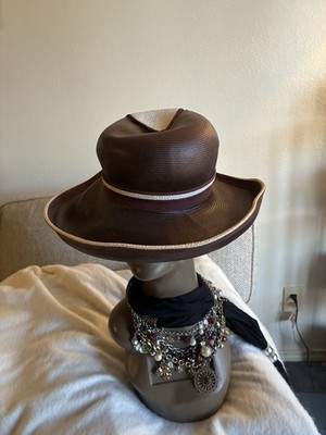 Gwenn Pennington Wide Brim Vintage Hat Brown Beige with Ribbon Tie
