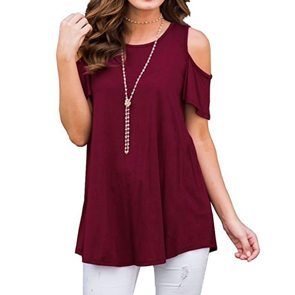 Crew Neck Basic Cold Shoulder Sleeve Loose Gift Tunic Dress Casual Women Shirt - Picture 11 of 18
