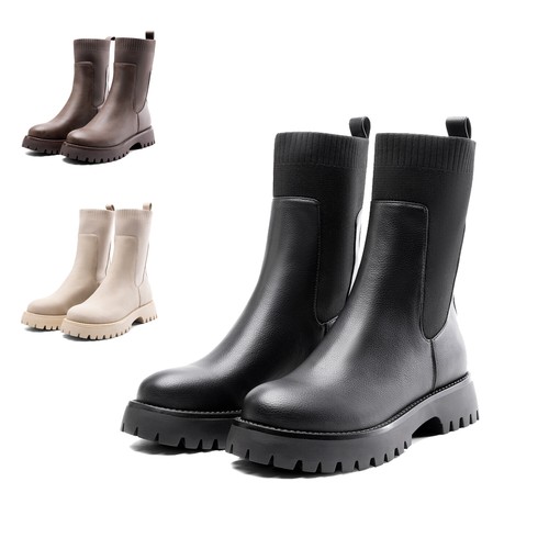Women Platform Chelsea Boots with Ribbed Sock Upper and Lug Sole Mid Calf Boots