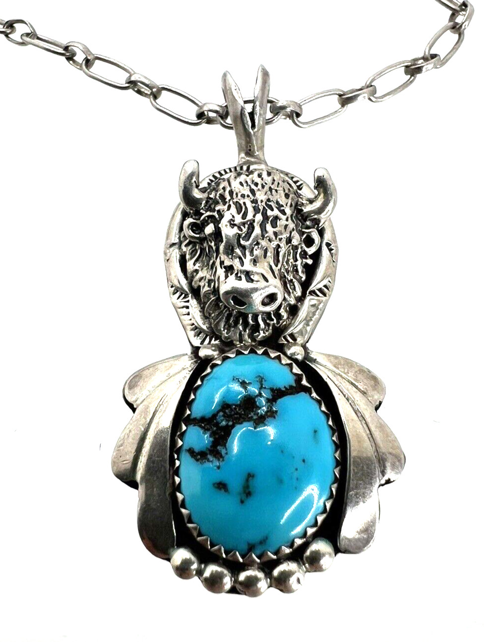 Native Sterling Silver Buffalo Head Turquoise Pen… - image 2