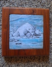 One Of A Kind Oil Painting Of Polar Bear And Cubs. 6x6 Inches Square
