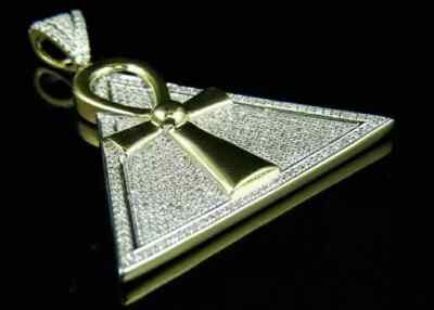 14K Yellow Gold Over Egyptian Pyramid Ankh Cross Diamond Charm Pendant 1.15 CT
