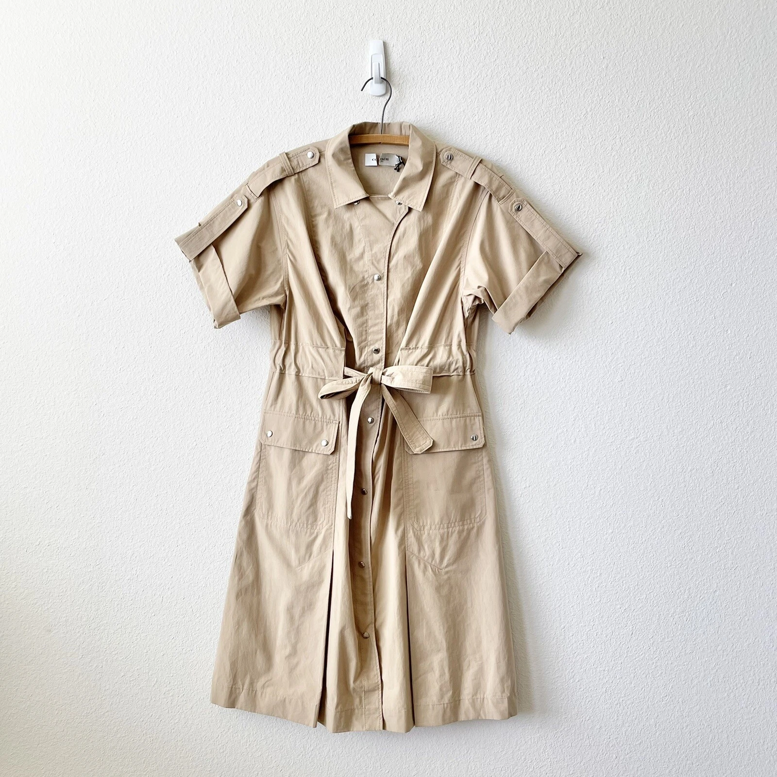 Abito camicia Coach cotone cravatta vita nuovo senza etichette è kaki taglia 2 $495