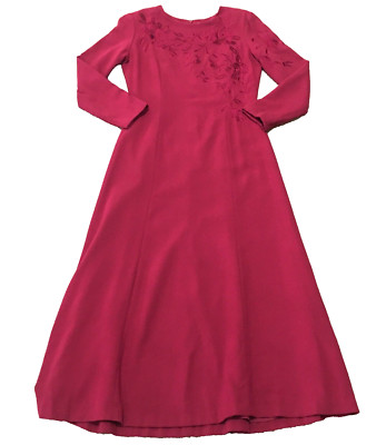VTG Together Womens Midi Dress Size 4 Red Floral Embroidered Long Sleeve Lined