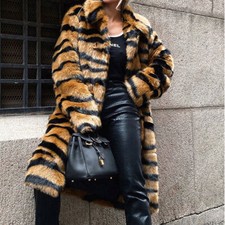 Plus Size Winter Women Faux Fur Tiger Print Luxury Coats Loose Fahion OverCoat