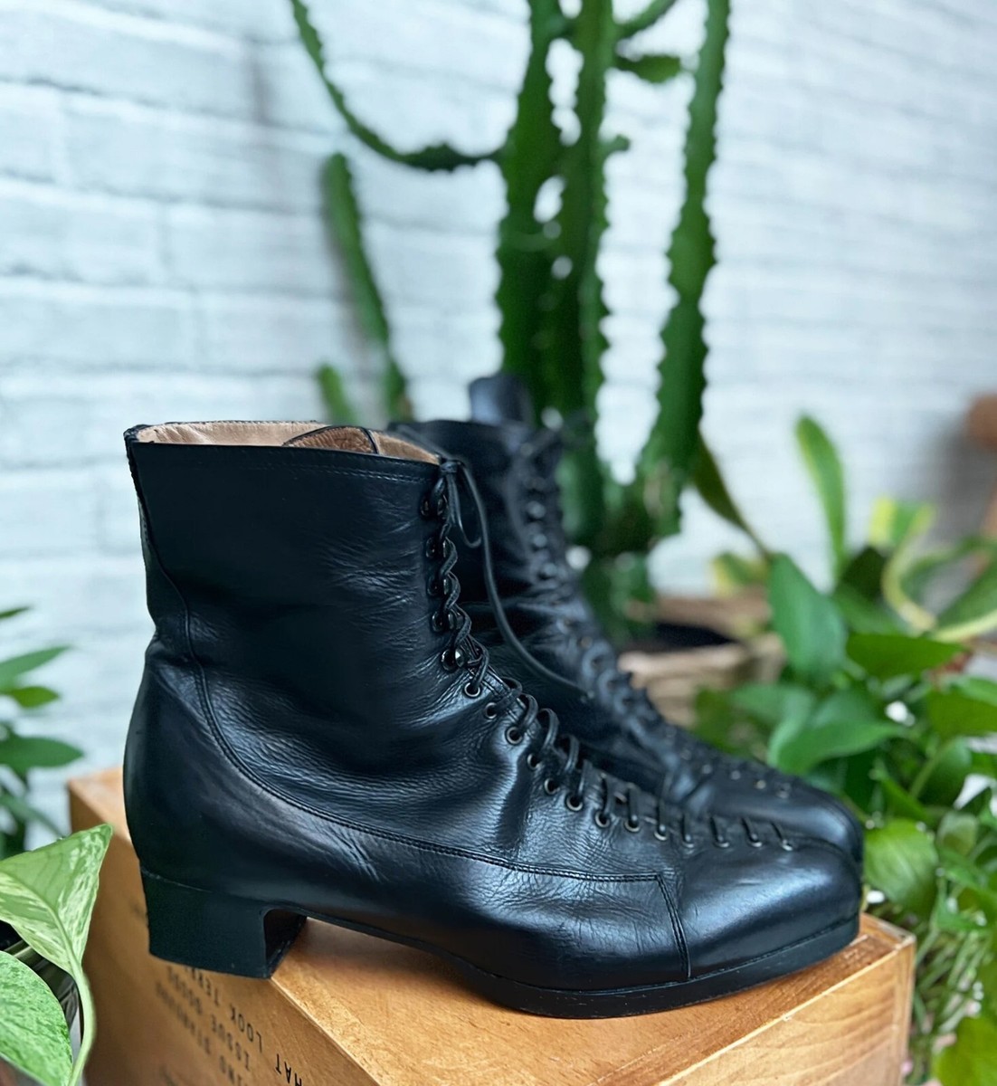 90s MICHEL PERRY Booties US Euro 38 Black Skate Lace Tie Up Ankle  Boots