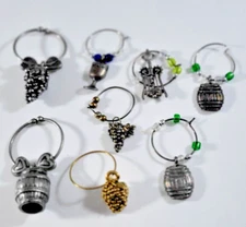 Wine Barrel Grapes Opener Glass Gold, Pewter Tone Assorted Wine Charm Lot