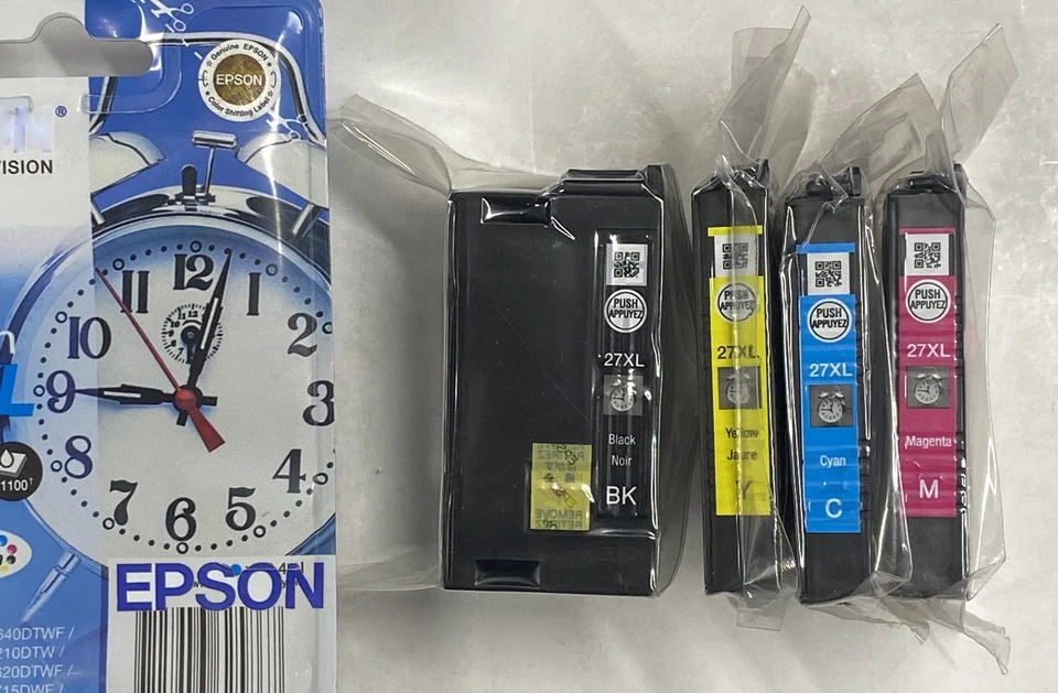 4 original Epson Tintenpatronen 27XL Black Cyan Magenta Yellow Wecker Rechnung