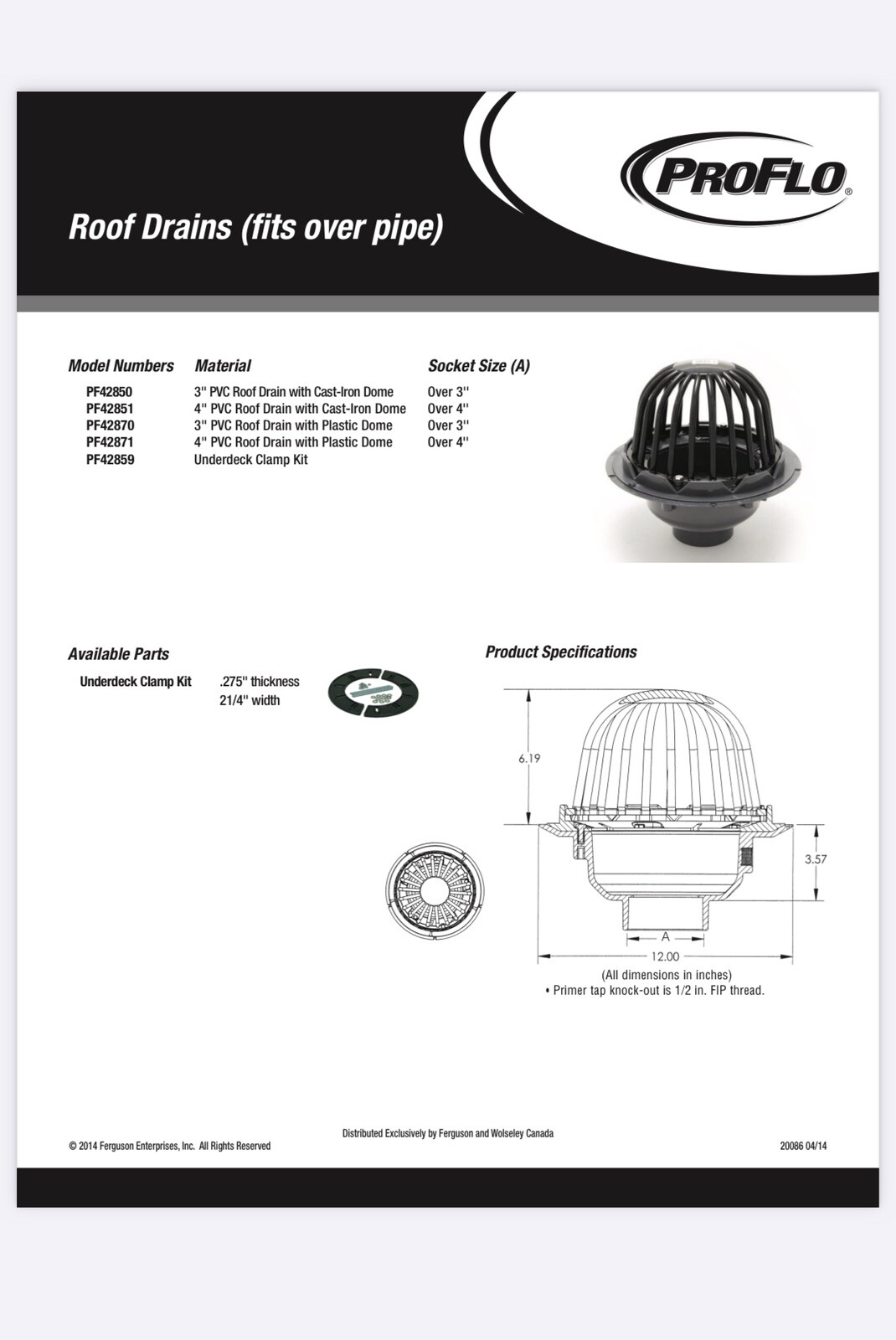 PROFLO PF42870 3" PVC Roof Drain with Plastic Dome Black for sale