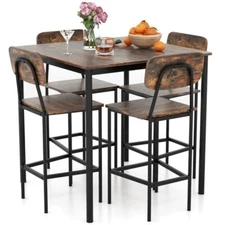 5 PCS Metal Frame Kitchen Dining Table Set W/Counter Height Table & 4 Bar Stools