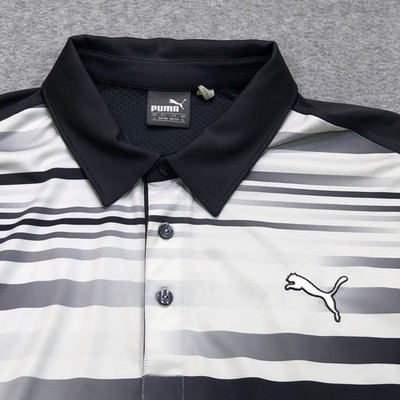 Puma Polo Shirt Mens Grey Black Stripe Golf Performance Lightweight Logo Stretch