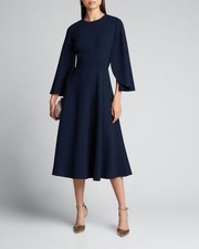 Oscar De La Renta R20 Navy Wool-Crepe Cape-Sleeve Midi Dress sz 12