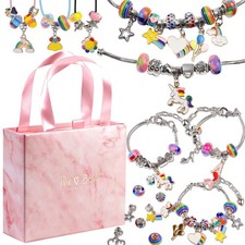 Girls Rainbow Charm Bracelet Set   Unicorn  Heart DIY Beads Jewelry Gift