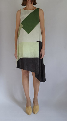 Tibi linen blend asymmetrical hem sleeveless dress, sz 0 (chest 33'') colorblock