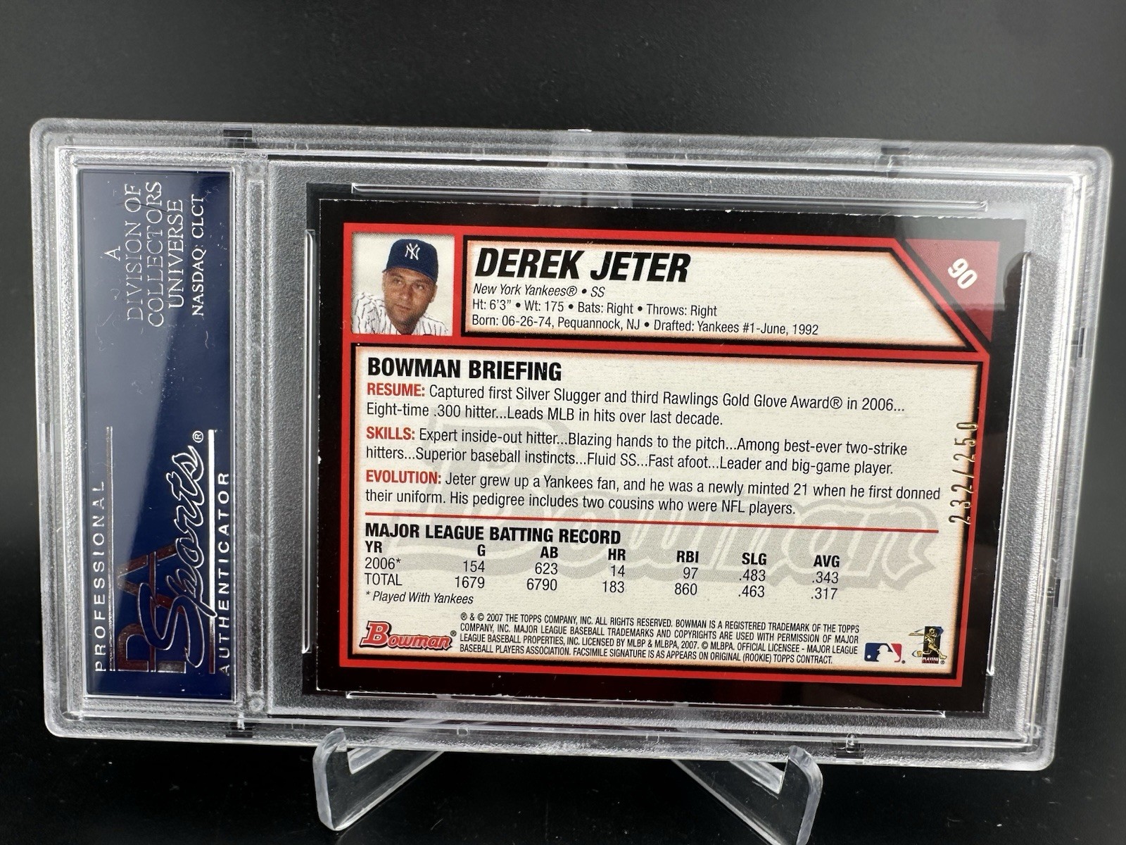 2007 Bowman Orange #90 Derek Jeter /250 PSA 8 view 2