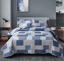 Bedspread Set Queen/Full Size Plaid Quilt Bedding Queen Grey Blue Patchwork M...