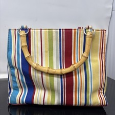 Longaberger Striped Bamboo Ring Handle Canvas Handbag Tote Purse SP 2