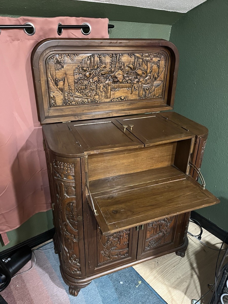 ビンテージ 鳥　オブジェ　レトロ　理科室　書斎　cabinet George Zee Style Mid-Century Asian Heavily Hand Carved Flip Top