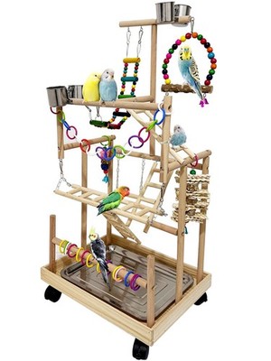 5 Layers Large Bird Playstand with Wheel, Natural Wood Parrot Playground, Par
