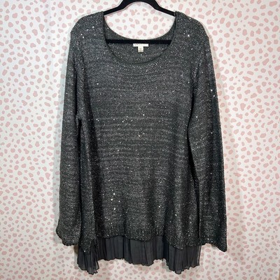 Jaclyn Smith 3X Plus Size Gray Tunic Sequined Sweater Fringe Boho Metallic NWOT