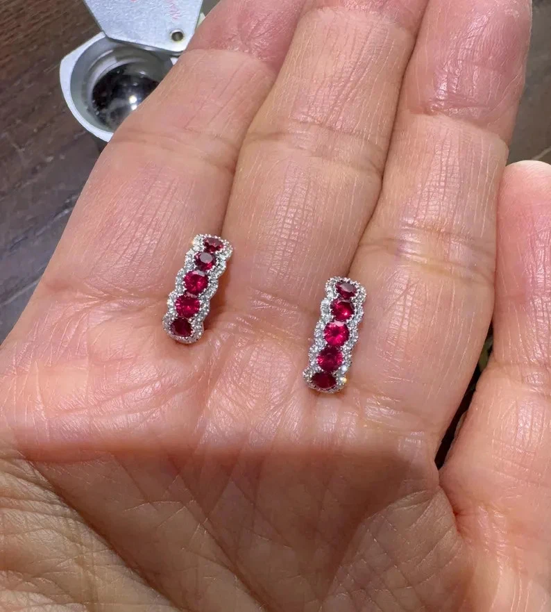 1.20Ct Round Cut Lab-Created Red Ruby Huggie Hoop Earrings 14K White Gold Plated - Image 3 of 4